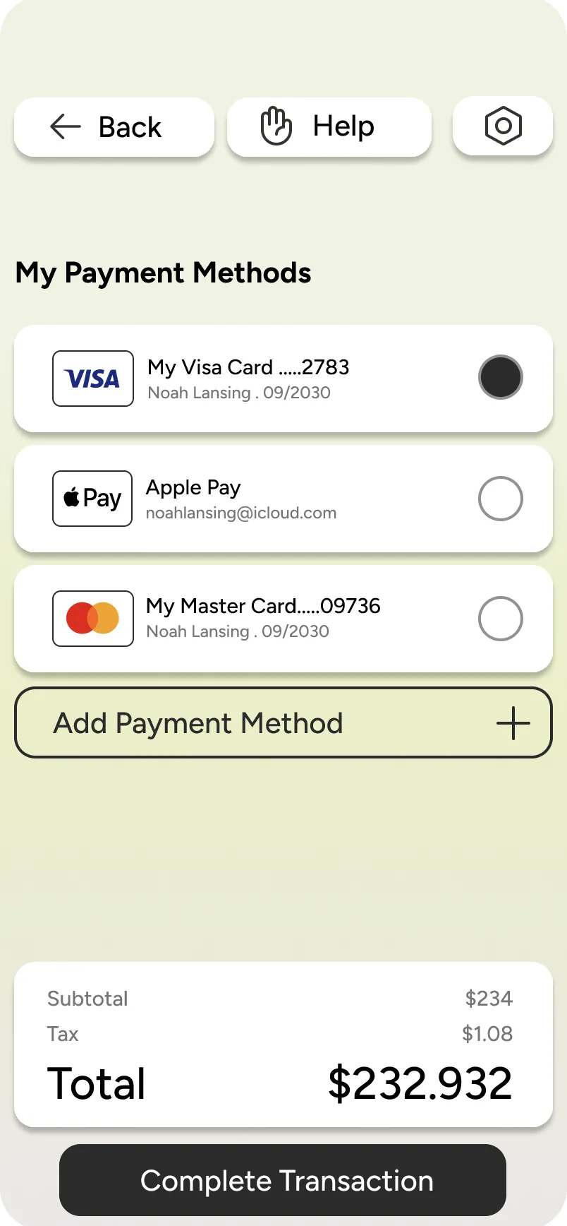Terminal payment methods screen